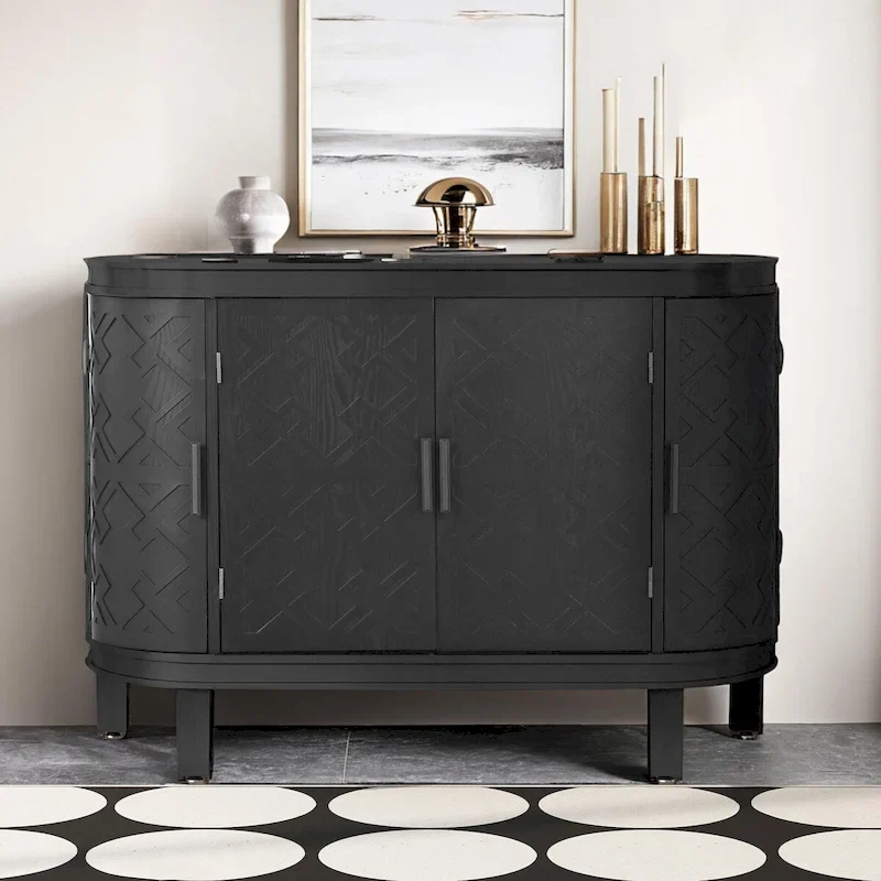 Sideboard Cabinet with Raised Retro Pattern Doors & Fir Wood Legs – Black / White / Antique Gray / Navy Blue, MDF