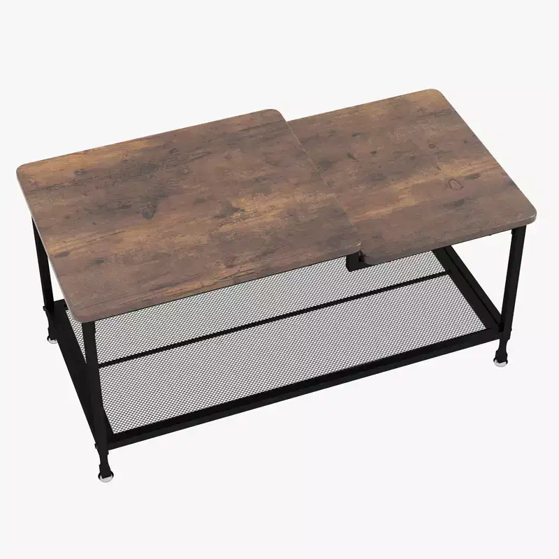 2 Tier Coffee Table with Grid Shelf, Living Room Table Metal Structure,