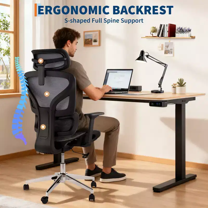 Ergonomic High Back Mesh Office Chair - 4D Adjustable Armrests, Dynamic Lumbar Support, Sliding Seat, Headrest, and Silent Casters