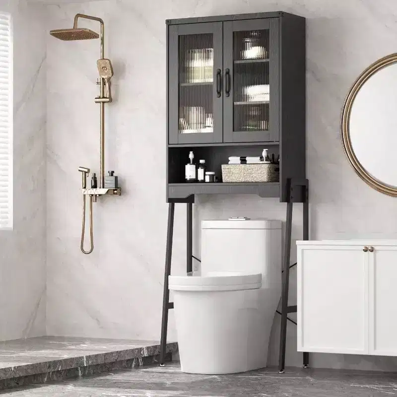 Over Toilet Storage Cabinet with Tempered Glass Doors Adjustable Shelf Bathroom Organizer Metal Stand Black Space Saver