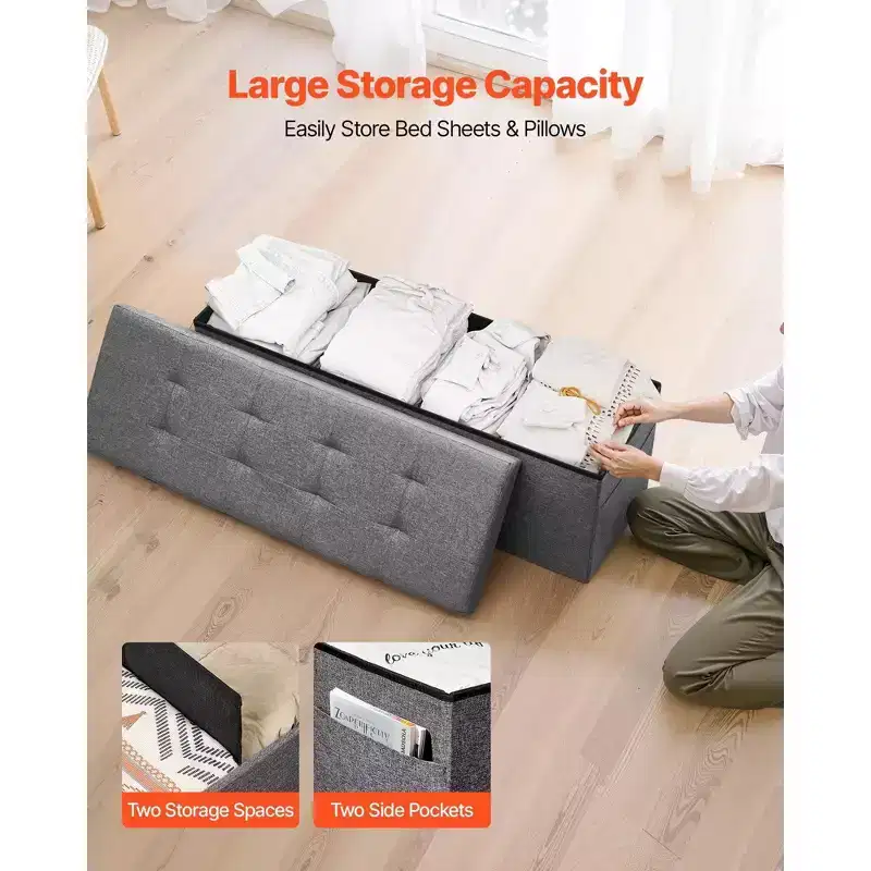 VIYET 45 Grey Foldable Storage Ottoman Bench, 660LBS Linen Bench with Side Bags for Bedroom/Entryway/Living Room