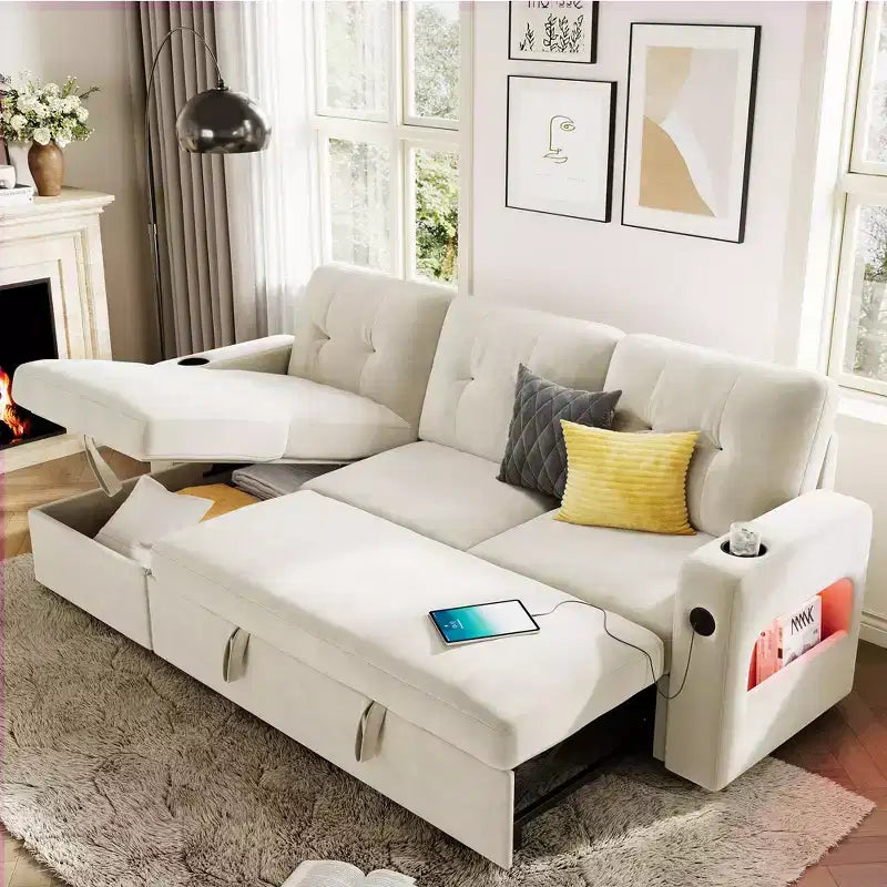 Sleeper Sofa Couch, L-Shaped Sofa, Convertible Pull Out Sofa Bed with Storage, Charging Station, Modern Sectional Sofa for Living Room, Apartment