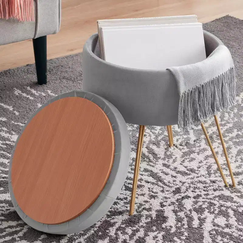 Round Velvet Storage Ottoman with Flip Tray Top & Gold Legs — Silver, 18