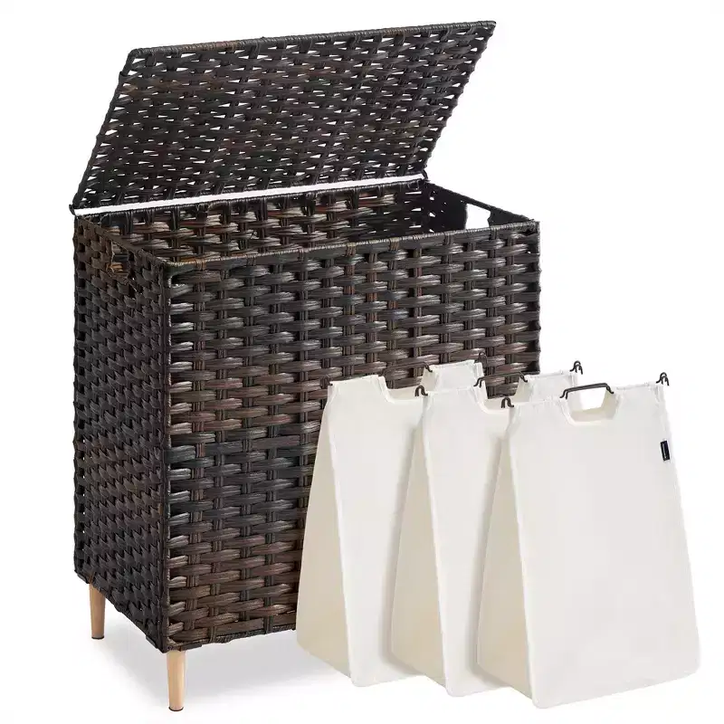 Laundry Hamper with Lid, PE Rattan 3-Section Sorter, 42.2 Gallons, Removable Liners