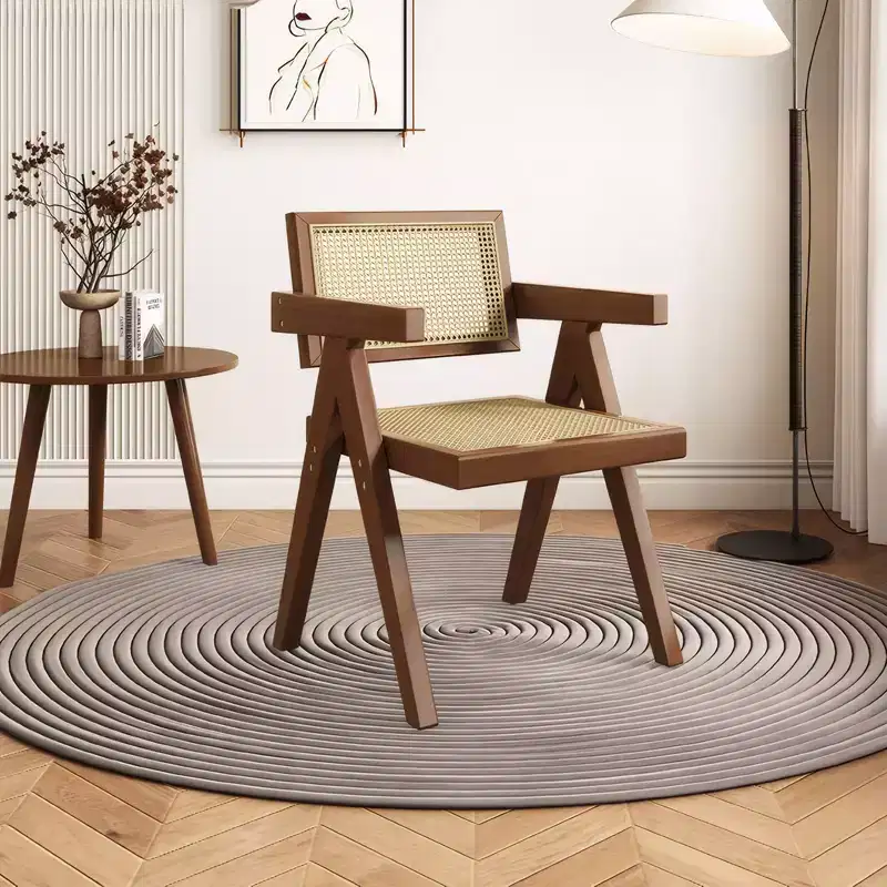 JVNOXK Modern Mid Century Dining Chairs Set of 2, Rattan Accent Chairs, Comfy Armchairs, Outdoor Wood Chairs with Armrest for Bedroom, Brown
