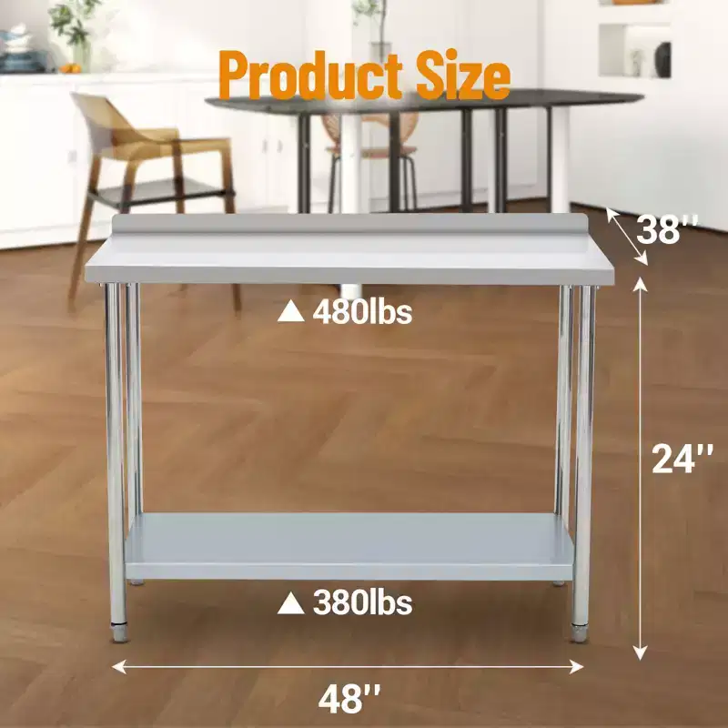 Stainless Steel Table 48x24, Heavy Duty Metal Commercial Prep Table with Storage Racks and Back Panel for Restaurant Kitchens, Home Hotel, Food Prep