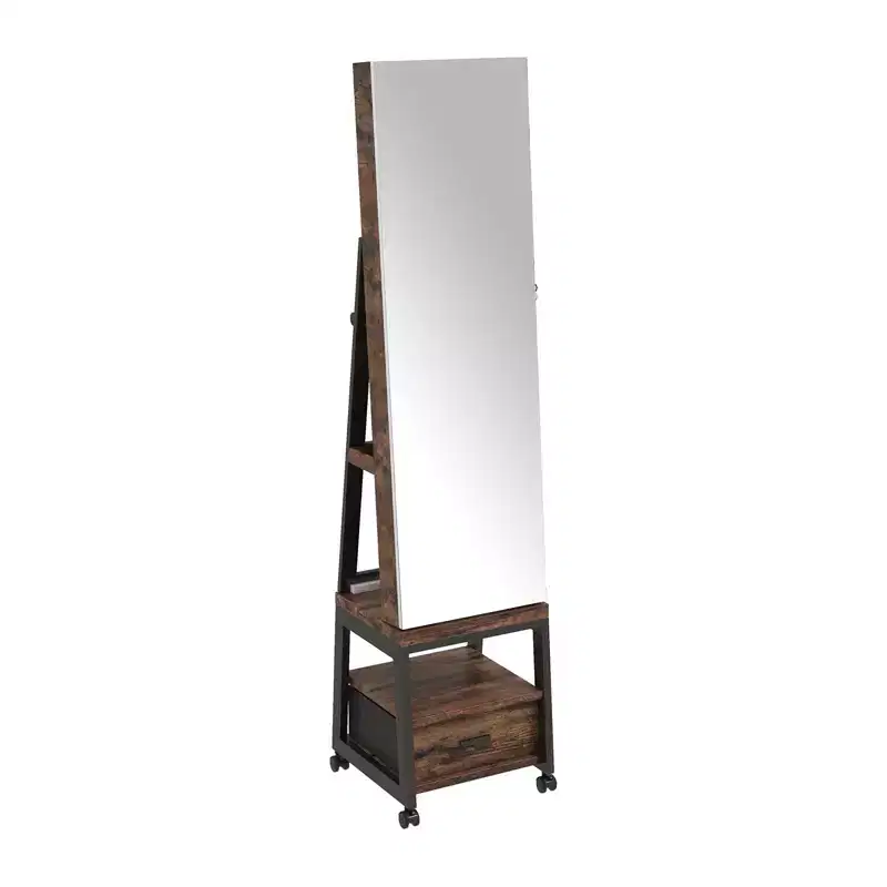 Swivel Jewelry Armoire, Floor Standing Locking Jewelry Armoire with Full Length Mirror,Bottom Drawer, Shelf, Wheels,White Jewelry Cabinet