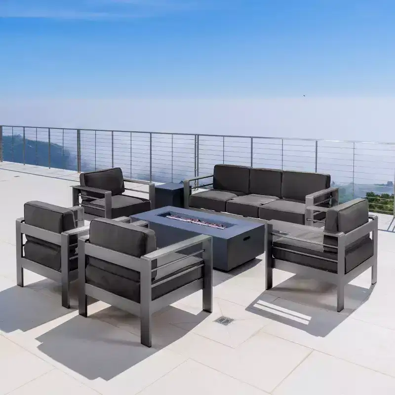 Christopher Knight Home Cape Coral Outdoor Aluminum 7 Seater Sofa Chat Set with Fire Pit