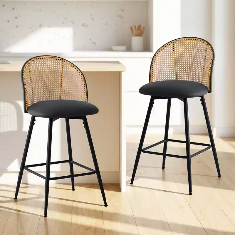 Bekrvio 26 Mid-Century Modern Swivel Bar Stools Set of 2/3/4, Faux Leather Upholstered Bar Chairs with Rattan Back & Metal Legs for Kitchen Counter