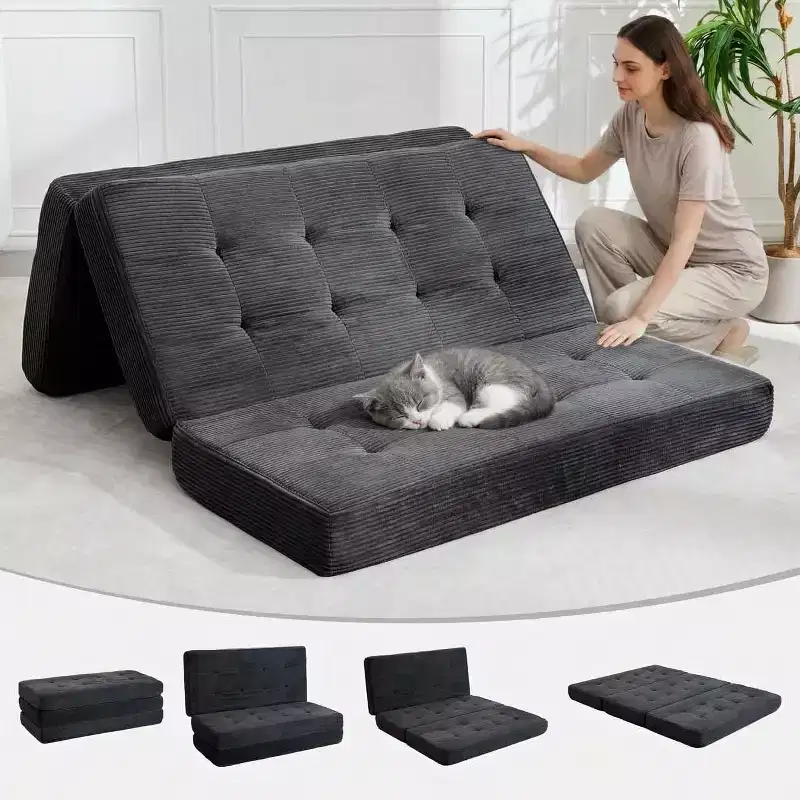 6 Tri-Fold Folding Mattress, 80.4x60 Foam Sofa/Guest Bed, Tufted Corduroy, Portable & Supportive for Camping/Living Room/Bedroom, Grey