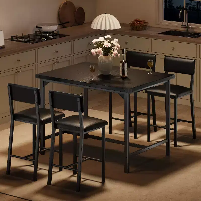 Dining Table Set for 4, 5-Piece Kitchen Table Set, Footrest, Corner Protector, Counter Height Table, 2 Upholstered Bar Stools, for Kitchen