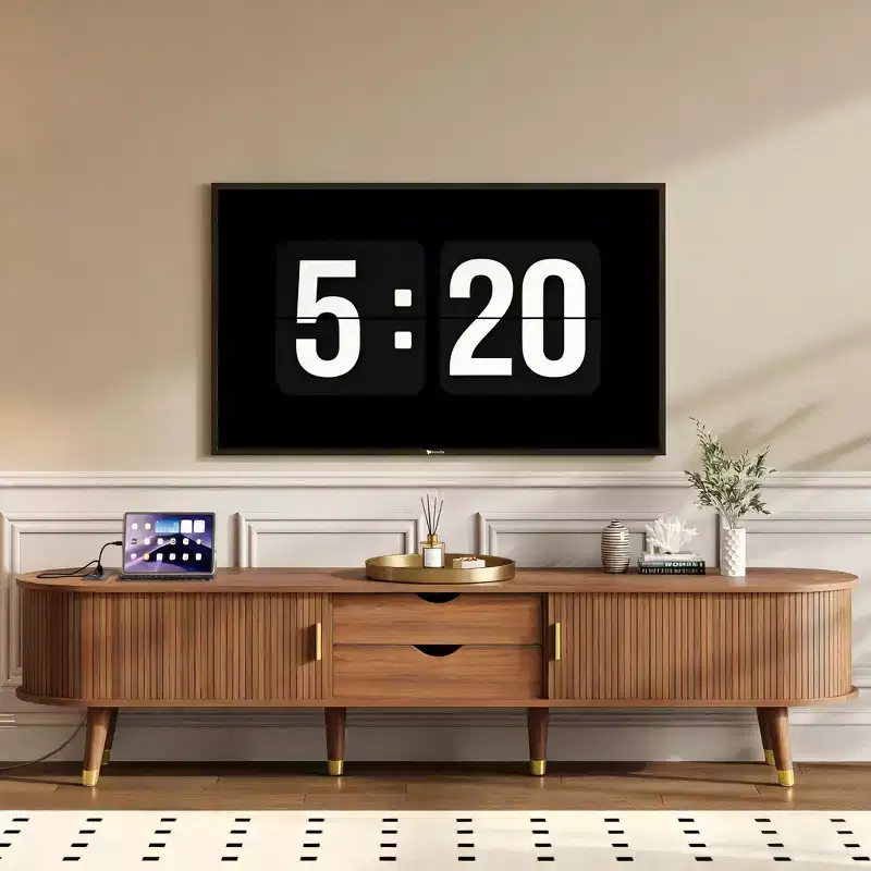 JVNOXK Wooden Oval Fluted TV Stand with Charging Station for TV up to 80, Mid-Century Media Console with Sliding Tambour Door,Walnut