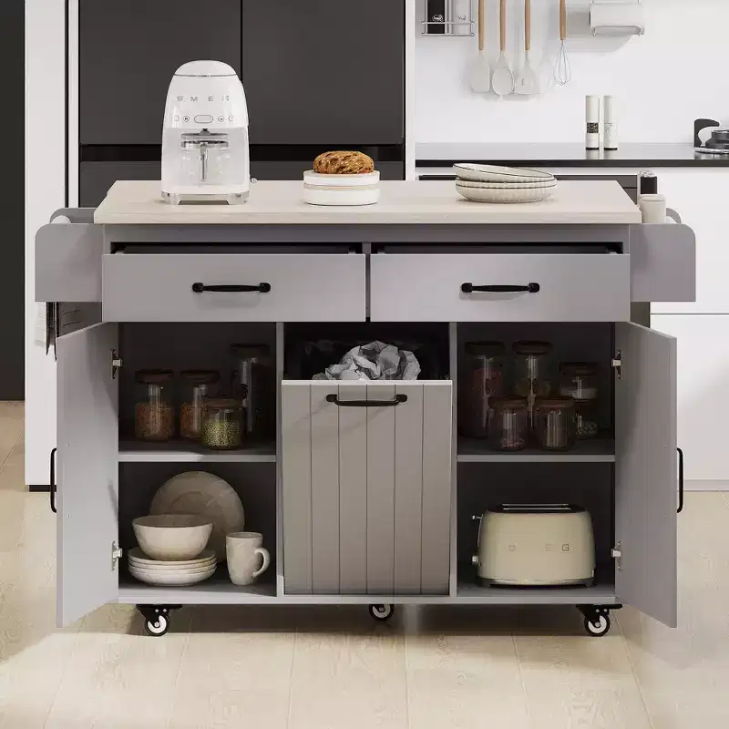 Rolling Kitchen Island with Trash Can Cabinet, Drop Leaf, Spice Rack, Towel Rack, Drawer, and Adjustable Shelf