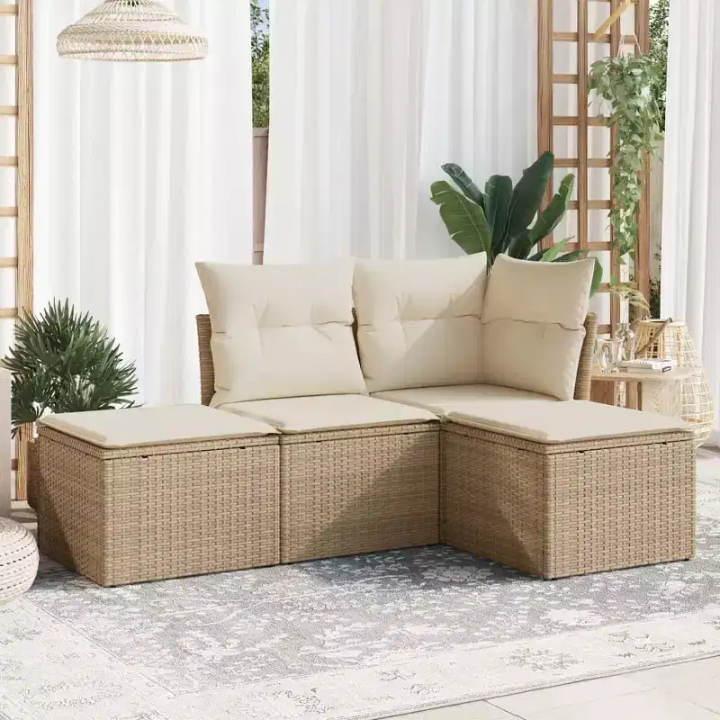 vidaXL 4 Piece Patio Sofa Set with Cushions Poly Rattan - Beige and Cream Without Table