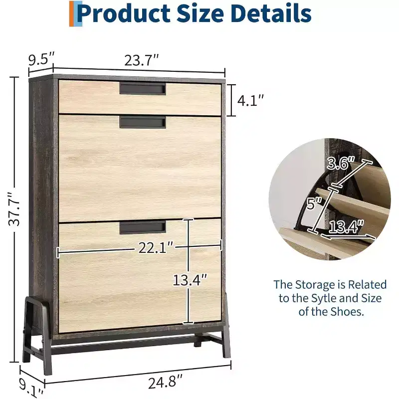 Shoe Storage Organizer with 2 Flip Drawers & 1 Drawer, Narrow 3-Tier Shoe Cabinet with Adjustable Shelves for Entryway, Vintage