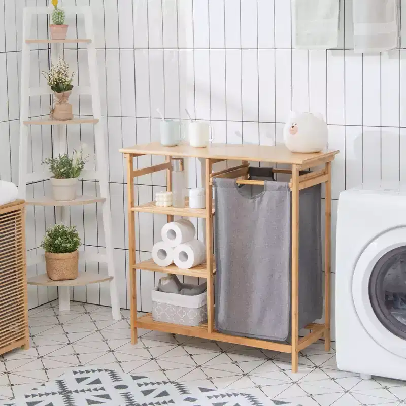 Bamboo Laundry Hamper Stand with Storage Shelves and Sliding Bag