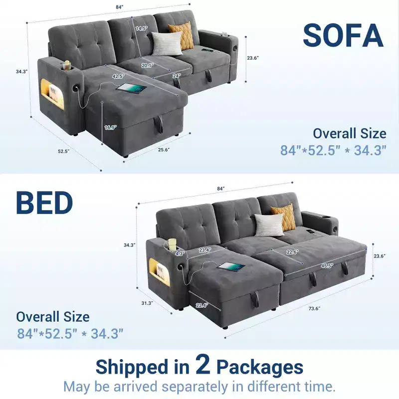 84 Inch Sleeper Sofa Couch, L-Shaped Sofa, Convertible Pull Out Sofa Bed with Storage, Charging Station, Led Lights, Modern Sectional Sofa for Room
