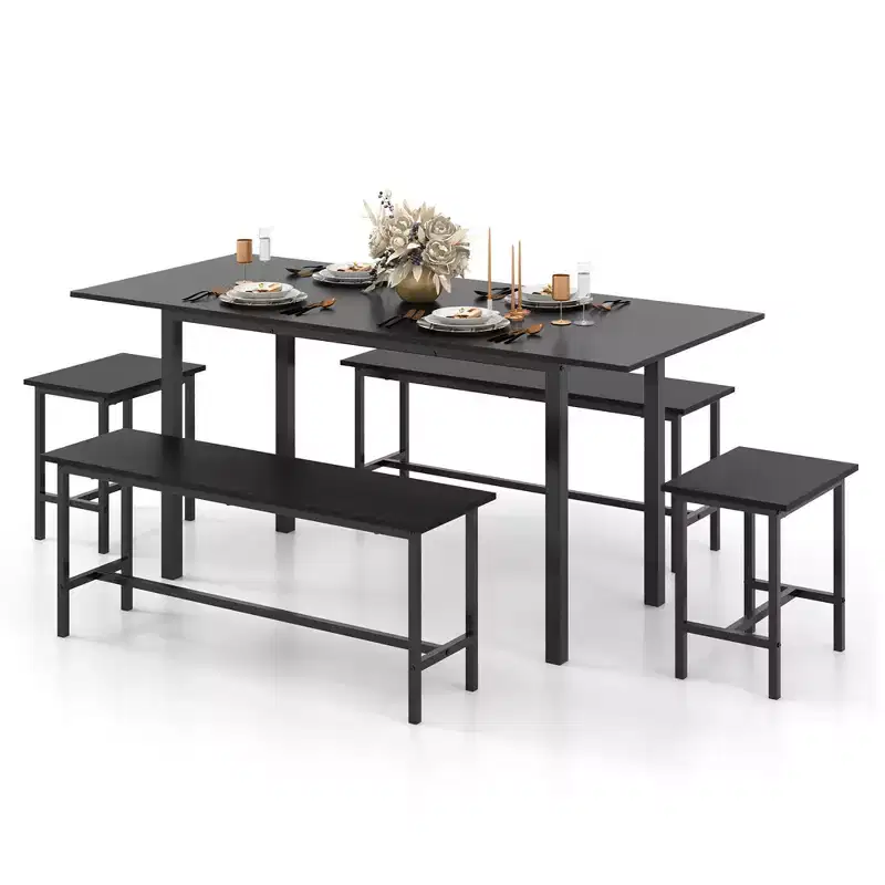 Costway 5 PCS Dining Table Set for 4-6 w/ 2 Benches & 2 Stools Metal Frame Dining Room Black