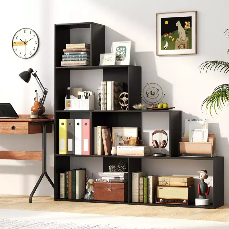 Costway 4-Tier Bookshelf w/ 6 Storage Cubes 64 Tall Modern Geometric Stair Bookcase