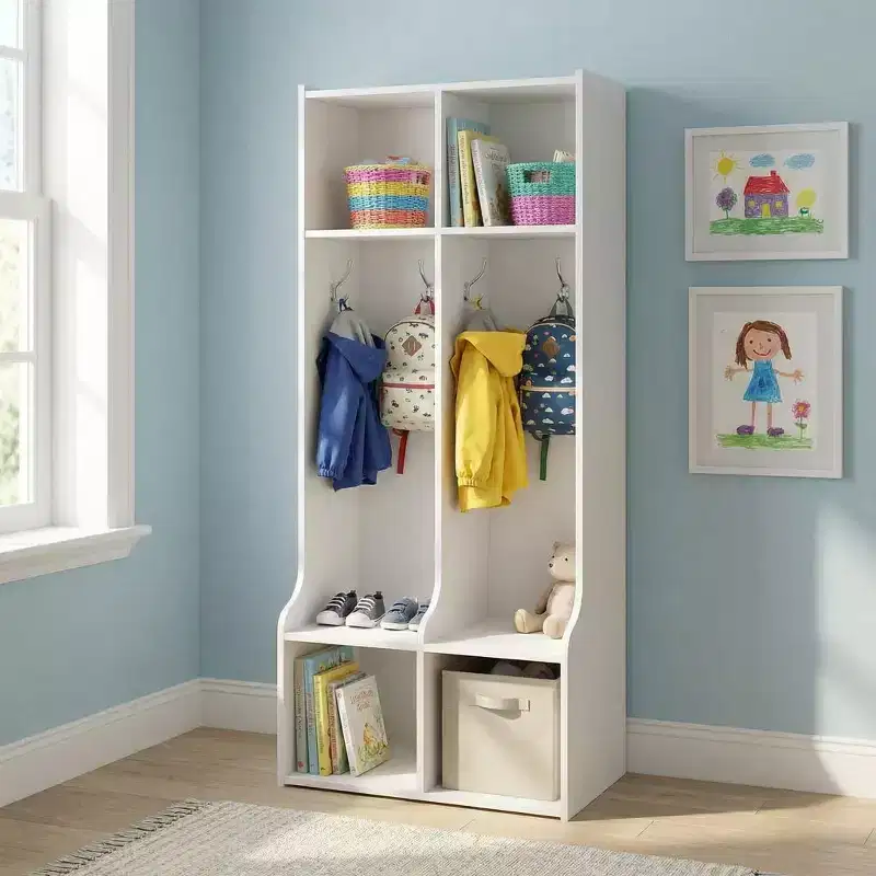 White Kids Coat Locker  2-Section Entry Organizer with 4 Cubbies & 4 Hooks for Home, School, Daycare, Nursery