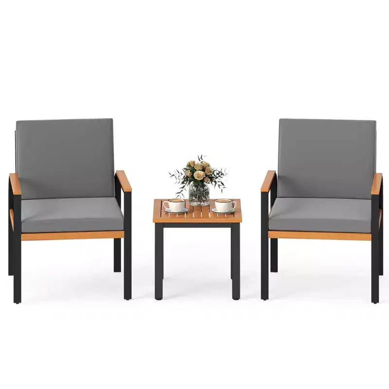 Costway 3 PCS Patio Furniture Set with Coffee Table Removable Cushions Acacia Wood Armrests Black/Gray
