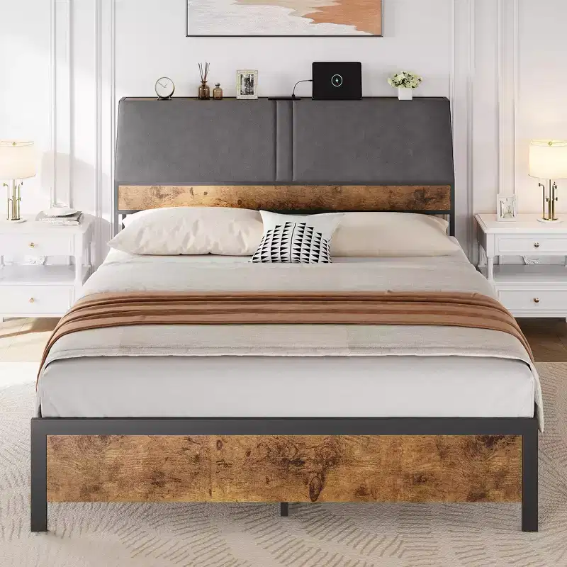 Metal Bed Frame with Charging Station, Vintage Brown Platform Bed with Drawers and Shelves, Ergonomic Upholstered Headboard