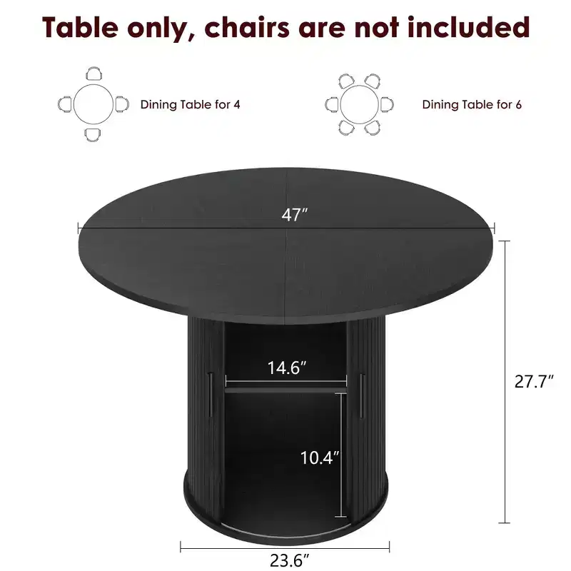 47-Inch Round Dining Table for 4, 2-Layer Storage Shelf with Wood Slide Door Kitchen Table for Home Dining Living Room