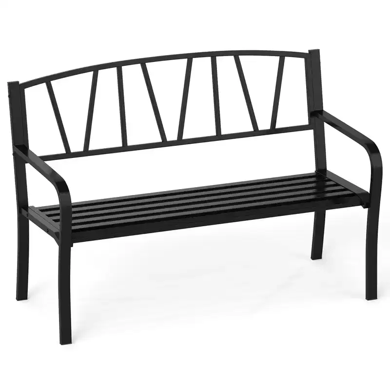 Costway 50.5 Patio Metal Bench w/ Curved Armrests & Minimalist Backrest for Backyard