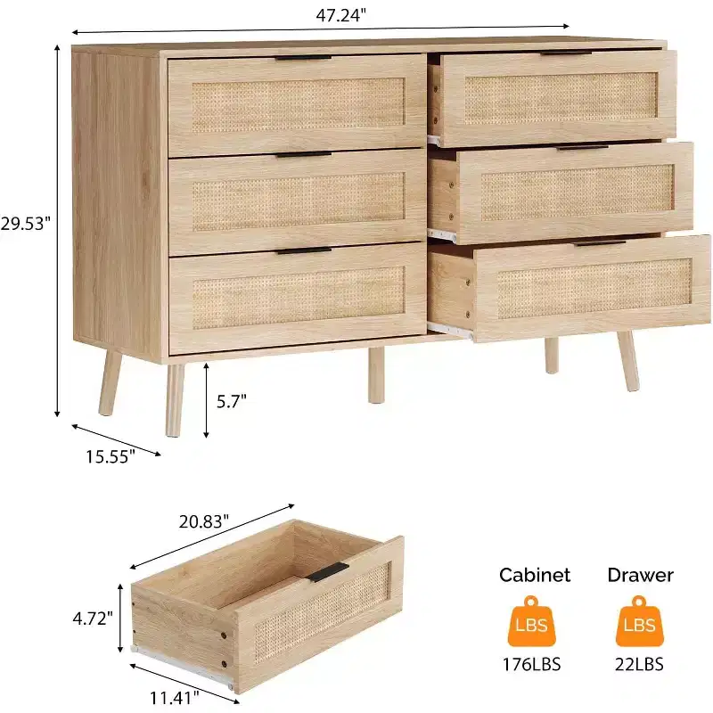 VINGIL 6 Drawer Rattan Dresser, Rattan Chest of Dressers, Modern Wooden Dresser Chest of Drawers