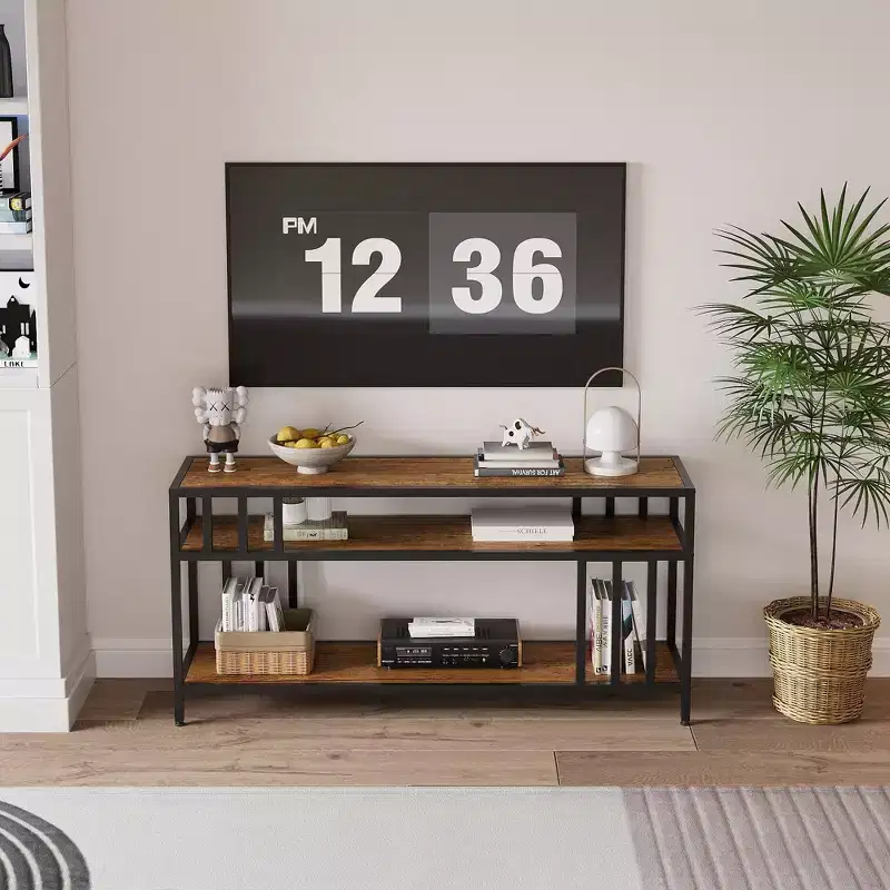 Brown & Gray 2-Tier Open Shelf TV Stand, Fits TVs up to 65