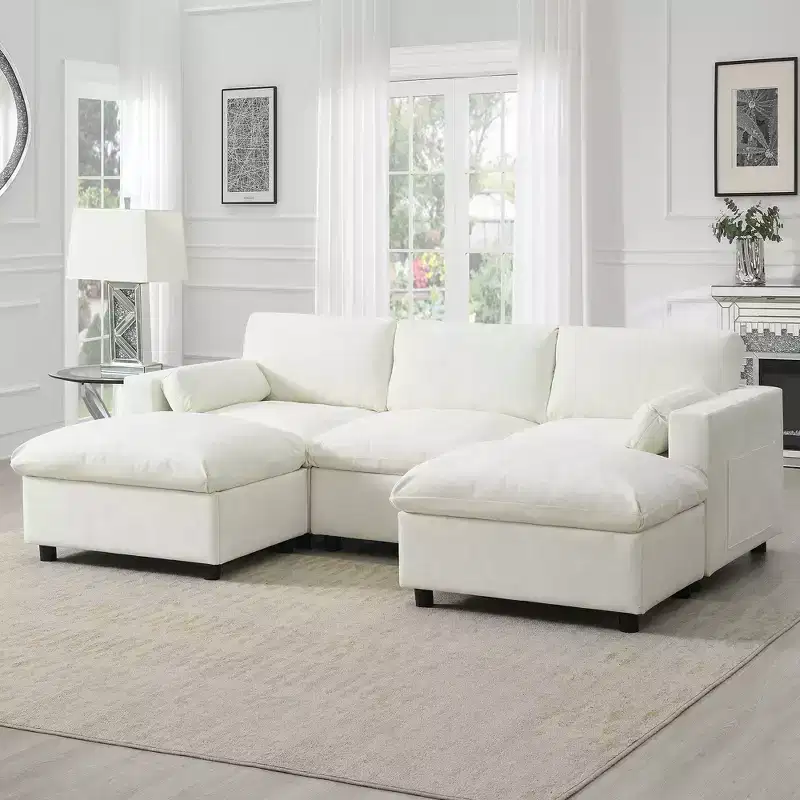 86.5'' Chenille Modular Sectional Sofa with Storage Pockets, Ottomans, and Pillows, 5-Seat U-Shaped Cloud Couch for Living Room