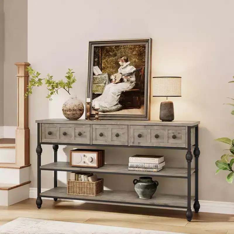 52.5 Inch Console Tables for Entryway with 3 Drawers, 3-Tier Industrial Metal Frame Sofa Table with Roman Column Legs for Hallway, Living Room, Foyer
