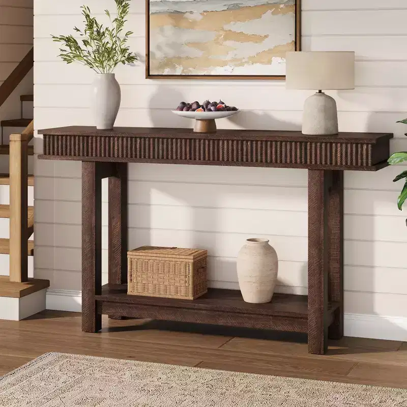 Farmhouse Fluted Console Table, 2 Tier Wooden Entryway Table with Shelf Storage, Entry Table Foyer Hallway Table for Entrance, Hallway, Living Room