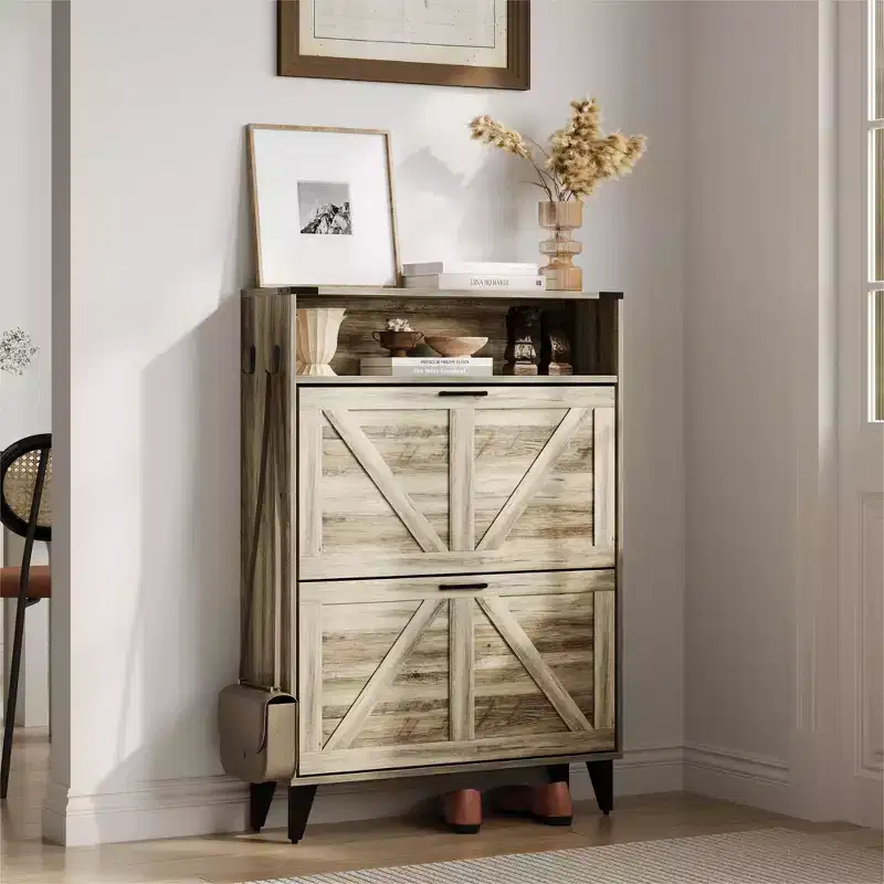 Shoe Cabinet with 2 Flip Drawers for Entryway, Freestanding Shoe Cabinet Organizer with Open Storage, Free Standing Shoe Rack Cabinet Corner