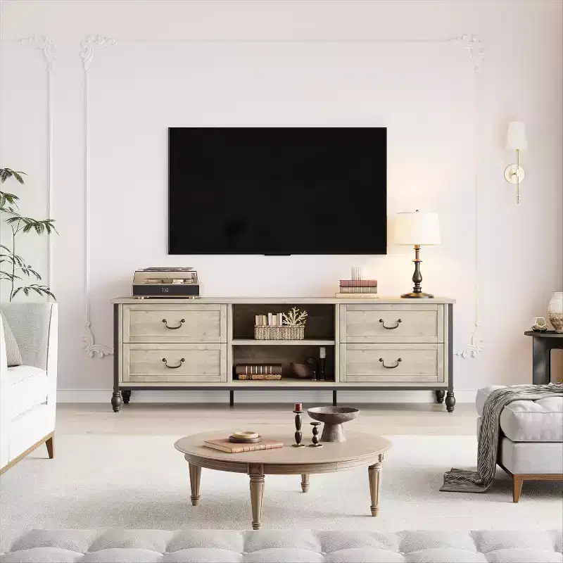 Farmhouse TV Cabinet for 75in, Mid Century Modern Wood Entertainment Center with 4 Drawer & 2 Open Shelves, Roman Column Legs, Media Console