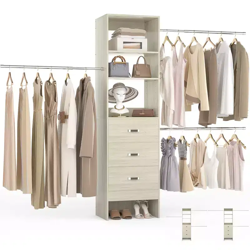 Besiost 96-In Closet Organizer with Wood Drawers, Closet System with Adjustable Hanging Rods
