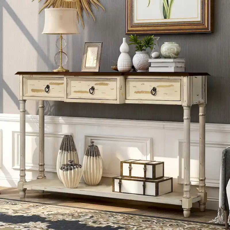Solid Wood Console Table with 3 Drawers and Shelf