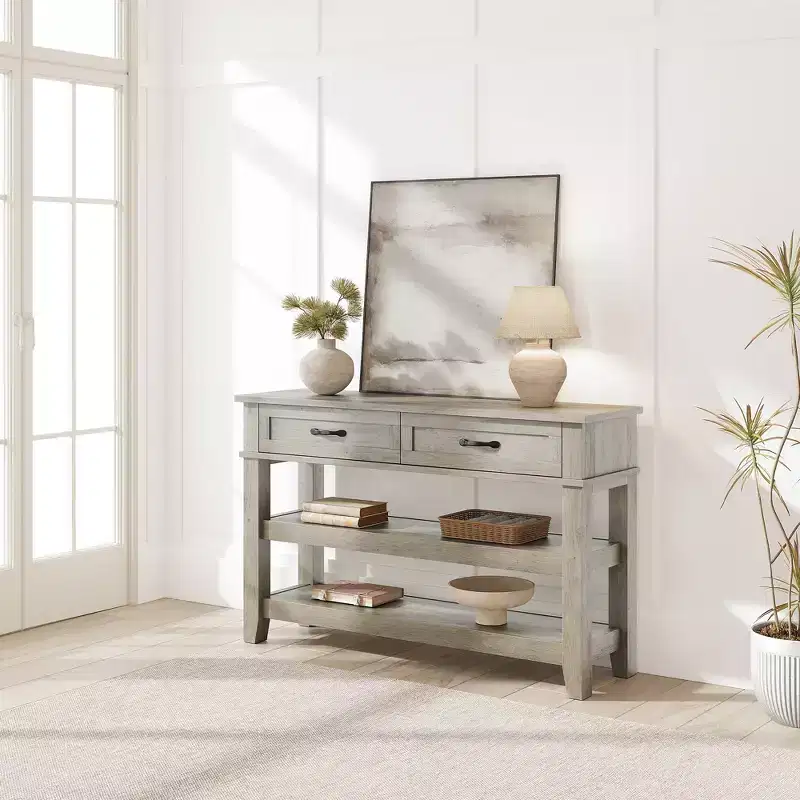 Farmhouse 3-Tier Wooden Console Table with 2 Storage Drawers  Versatile Entryway and Living Room Sofa Table