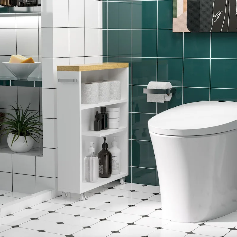3-Shelf Slim Rolling Bathroom Cabinet – White, Particleboard, 4-Wheel Base