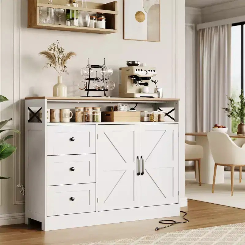 COZONY Buffet Cabinet with Power Outlet, Modern Farmhouse Sideboard with Drawers & Barn Doors, Adjustable Shelf Storage for Kitchen Living Room,White