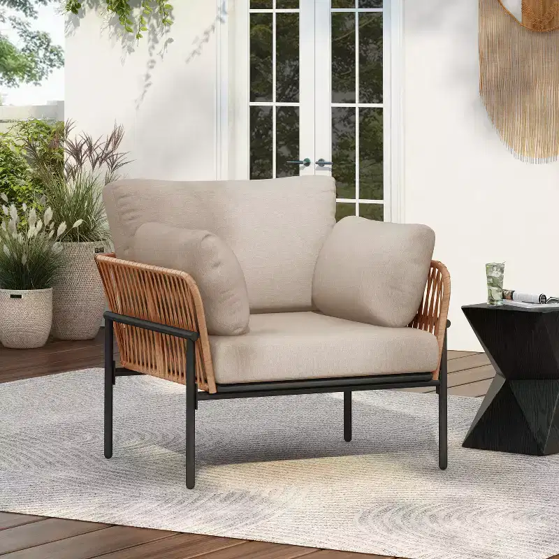 36W Patio Accent Chair Lounge Chair Arm Chair with Cushions, Pillows and Stylish Rope-Weave Design, Iron, Beige+Grey/Natural-ModernLuxe