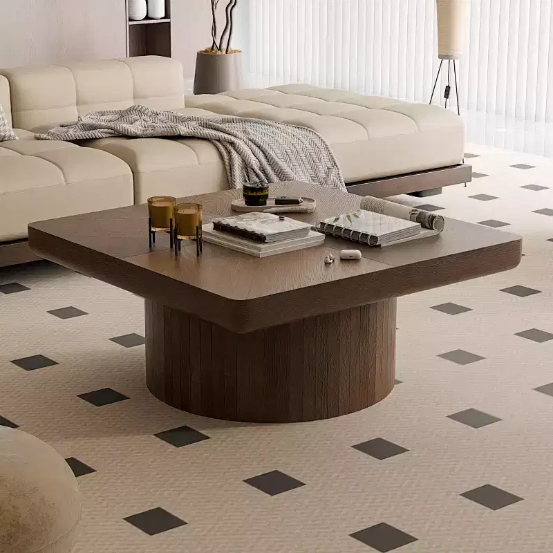 Square Walnut Coffee Table Wood Veneer Parquet Top 34.6 Inch