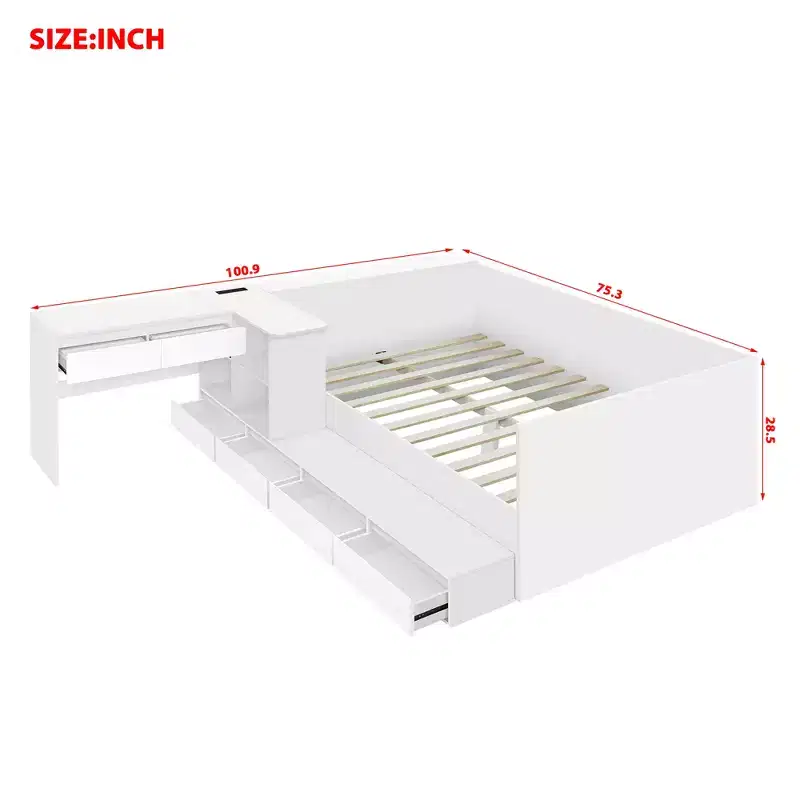Bellemave Full size Wooden Platform Bed with 6 Drawers, Shelves and Dressing Table, White