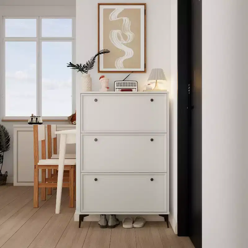 Stylish Shoe Cabinet with 3 Flip Drawers and Independent Legs, Narrow Shoe Cabinet for Living Room, Hallway, Glossy White