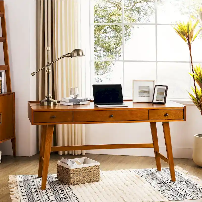 Mid-century Office Desk with Drawer Divider&Cable Management&Charging Station
