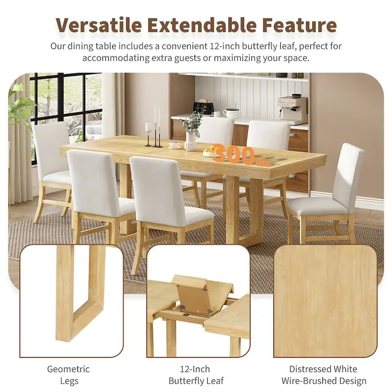 7-Piece 72 Extendable Dining Table Set w/ Butterfly Leaf and 6 Chairs