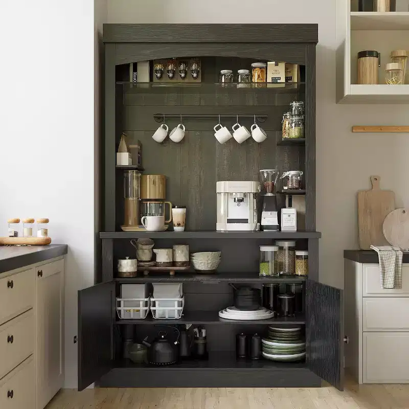 72 Tall Farmhouse Coffee Bar Cabinet, Kitchen Pantry Storage Hutch with Adjustable Shelves, Buffet Sideboard