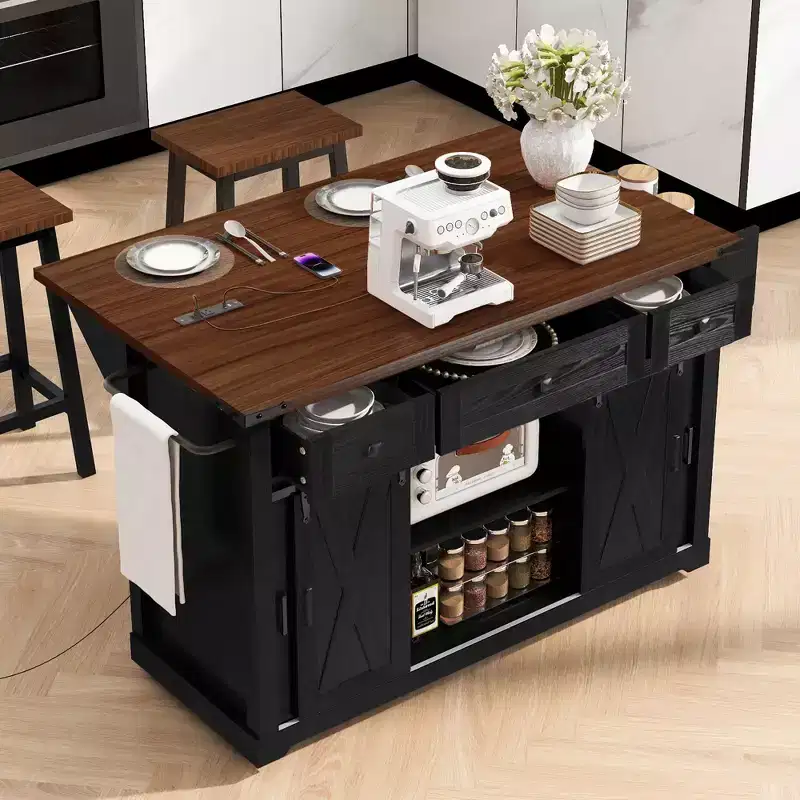 GDFStudio Mary 58 Farmhouse Rolling Kitchen Island with Storage, Sliding Barn Door, Metal Grid Side Door and Drop Leaf
