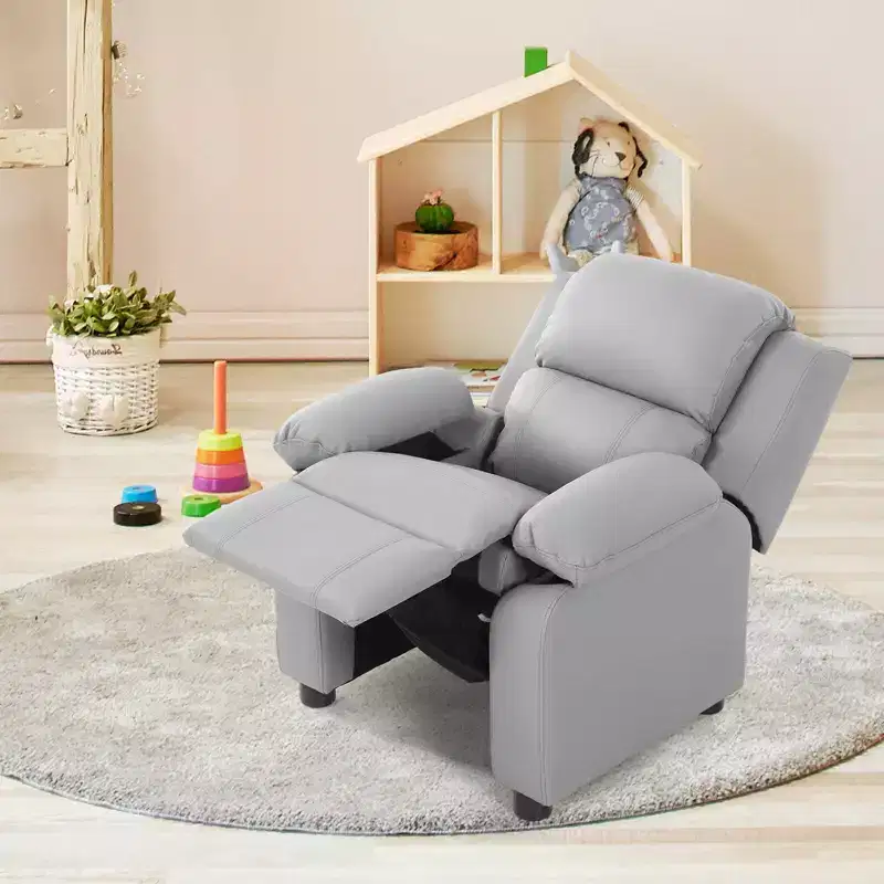 Kids PU Leather Recliner Chair with Armrest Storage, Headrest & Adjustable Footrest