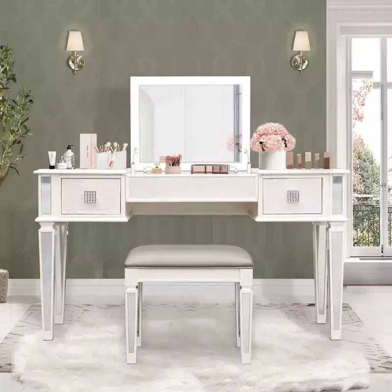 Okak Makeup Vanity with Padding Stool Set, Girls Vanity with Flip Up Mirror and 2 Drawers, Dressing Table for Living Room, Bedroom, White